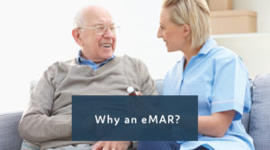 A nurse and assisted living resident sit on couch discussing a medication. e-MARs like QuickMAR free up more time to spend with patients.